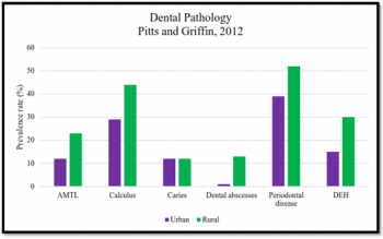 Figure 3. Prevalence rate across urban and rural settlement of dental pathology data of Pitts and Griffin, 2012. 